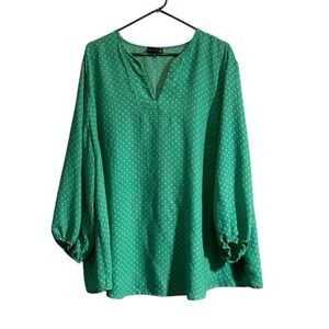 Ryan Wythe Blouse Women's 4X Pullover Blouse Green Polka Dot V-Neck Casual